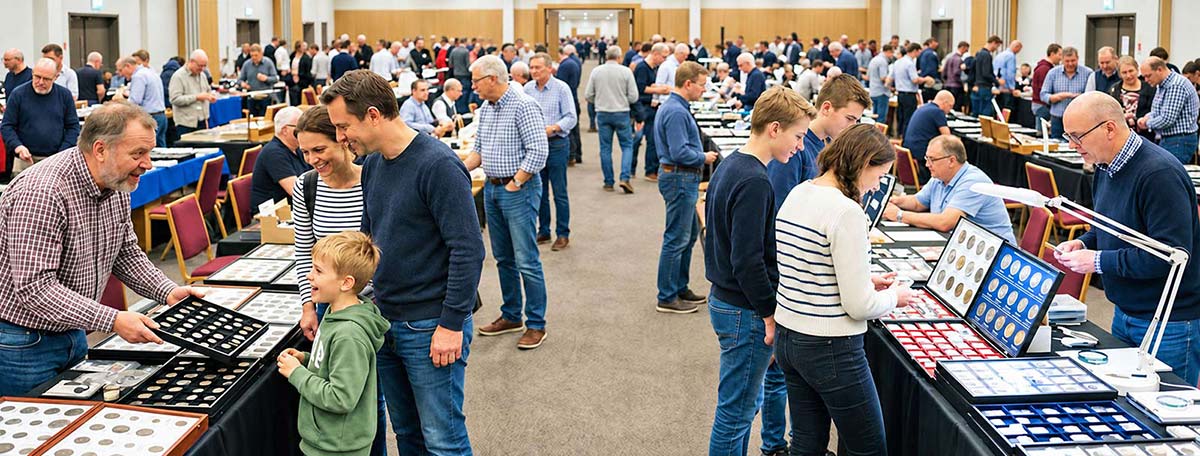 Visitors and exhibitors at a coin fair