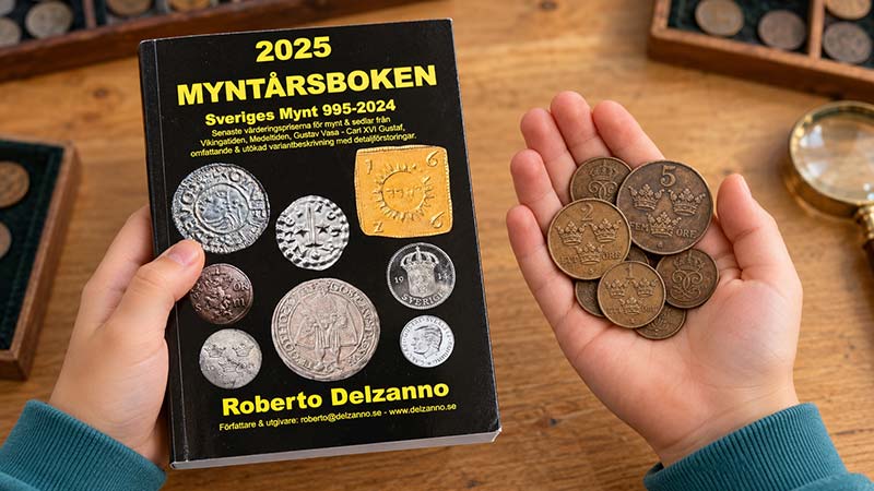 Illustration of young hands holding Myntårsboken and old Swedish copper coins
